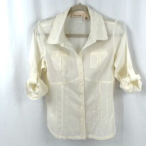 DKNY Jeans Corset pleat Button down Blouse Semi Sheer Ivory 3/4 sleeves size M